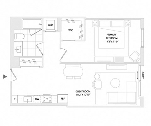 Floor plan for 1 bed, 1 bath, 729 sqft
